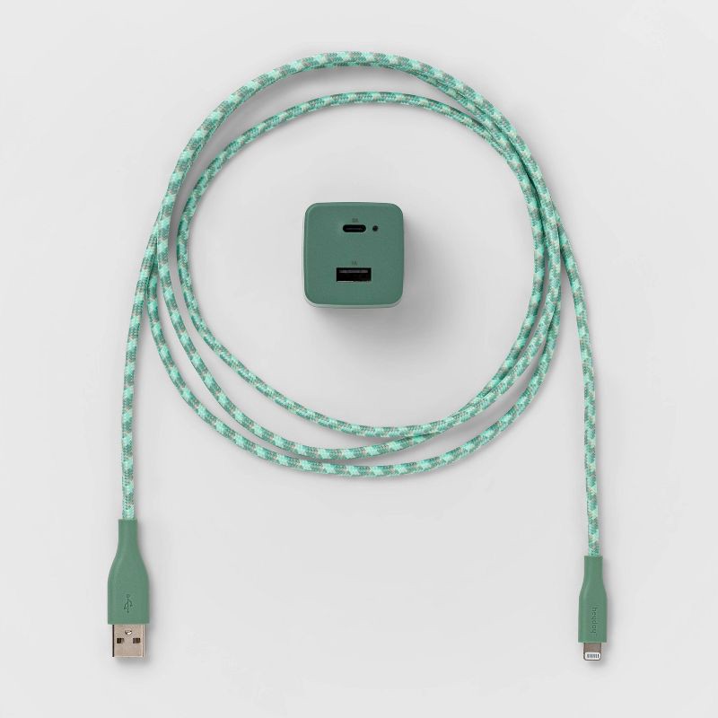 slide 2 of 3, 2-Port Wall Charger 15W USB-C & 5W USB-A (with 6' Lightning to USB-A Cable) - heyday™ Evergreen, 1 ct