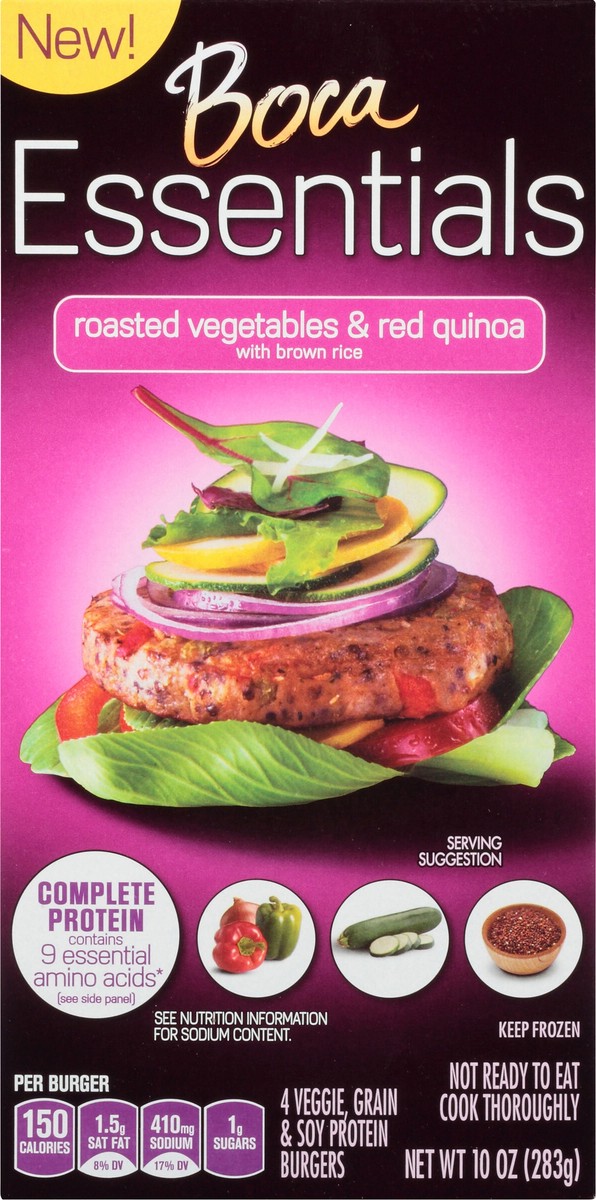 slide 3 of 13, BOCA Essentials Roasted Vegetables & Red Quinoa Veggie, Grain & Soy Protein Burgers 4 - 10 oz Boxes, 4 ct