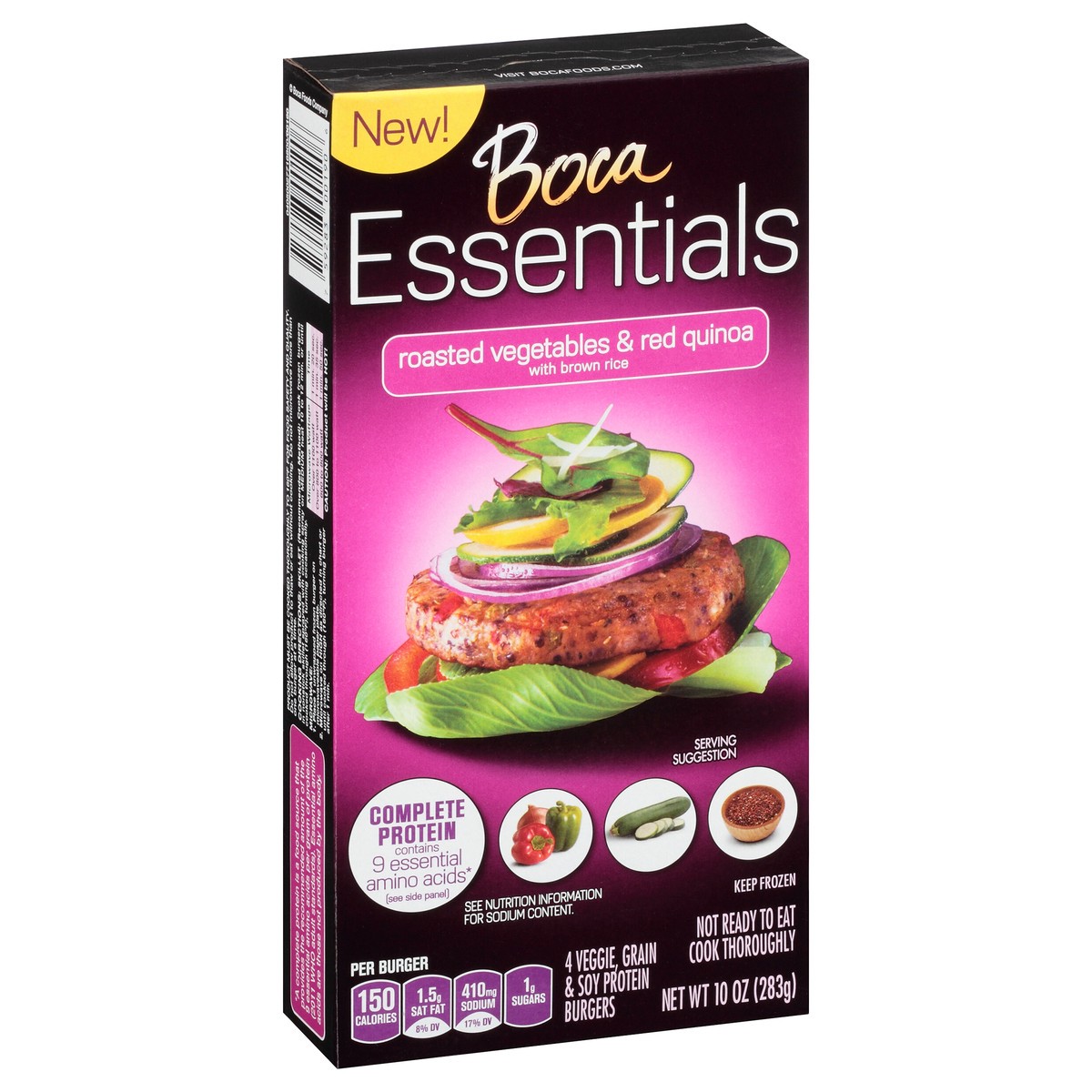 slide 13 of 13, BOCA Essentials Roasted Vegetables & Red Quinoa Veggie, Grain & Soy Protein Burgers 4 - 10 oz Boxes, 4 ct