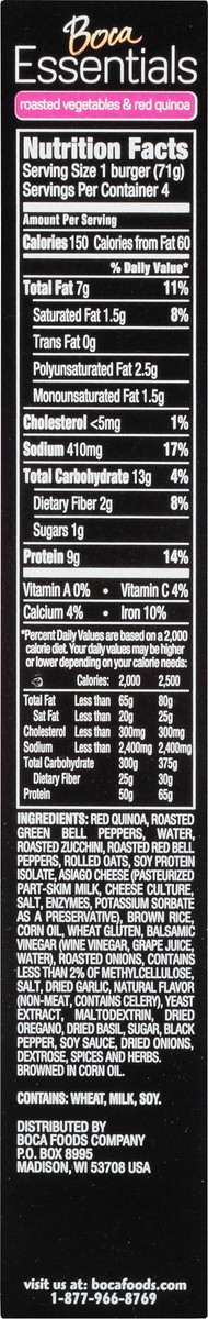 slide 6 of 13, BOCA Essentials Roasted Vegetables & Red Quinoa Veggie, Grain & Soy Protein Burgers 4 - 10 oz Boxes, 4 ct