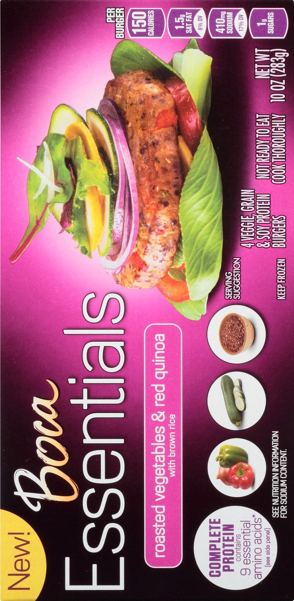 slide 9 of 13, BOCA Essentials Roasted Vegetables & Red Quinoa Veggie, Grain & Soy Protein Burgers 4 - 10 oz Boxes, 4 ct