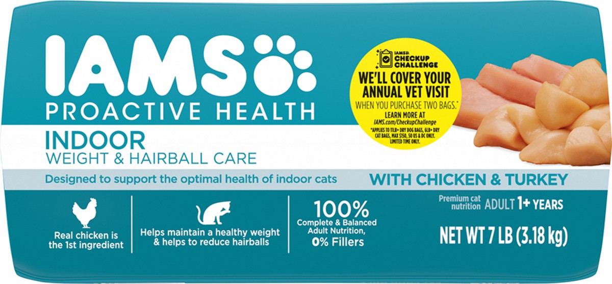 slide 7 of 9, IAMS ProActive Health Adult Indoor Weight Control & Hairball Care Dry Cat Food with Chicken & Turkey Cat Kibble, 7 lbs., 7 lb