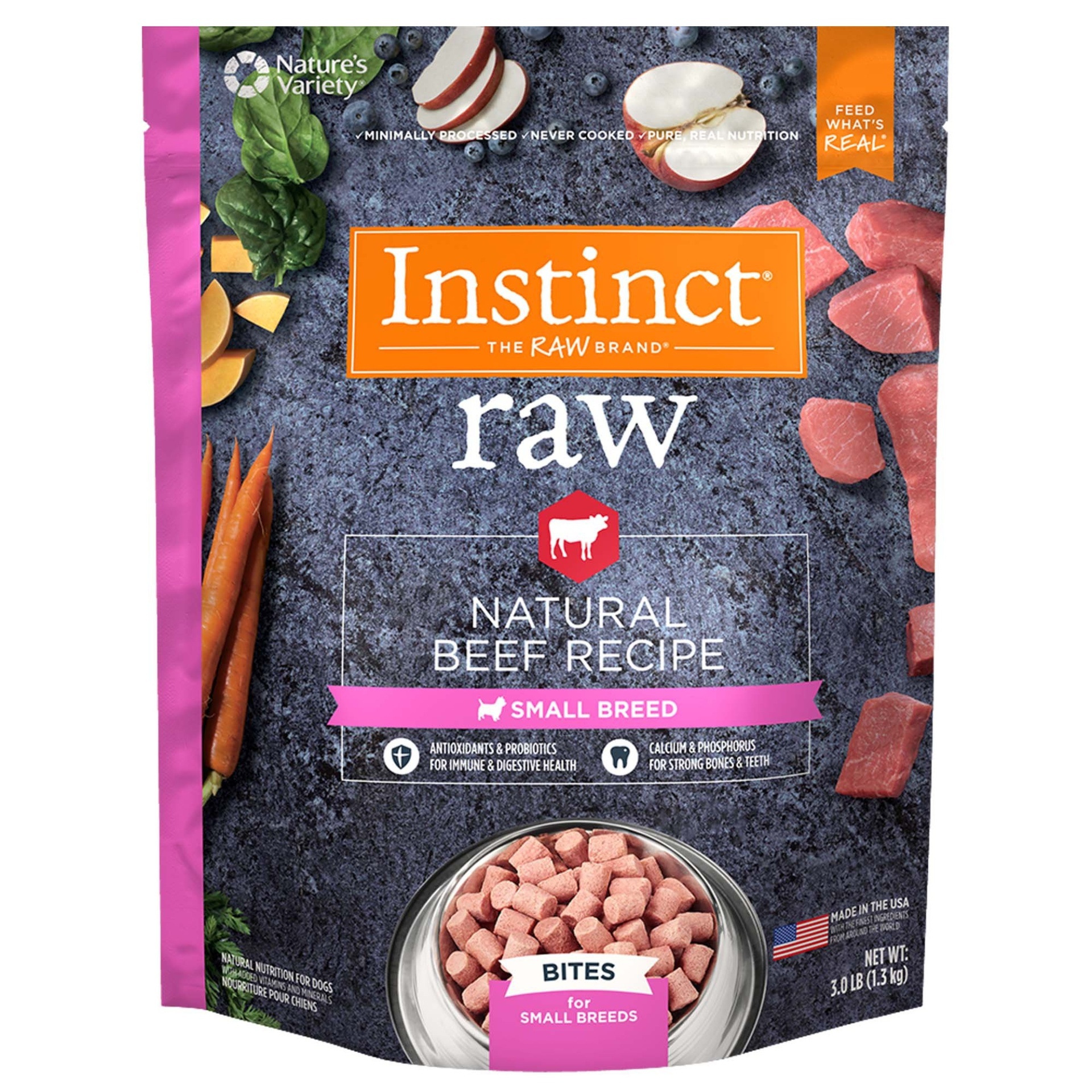 slide 1 of 1, Nature's Variety Instinct Frozen Raw Bites Small Breed Grain-Free Natural Beef Recipe Dog Food, 3 lb