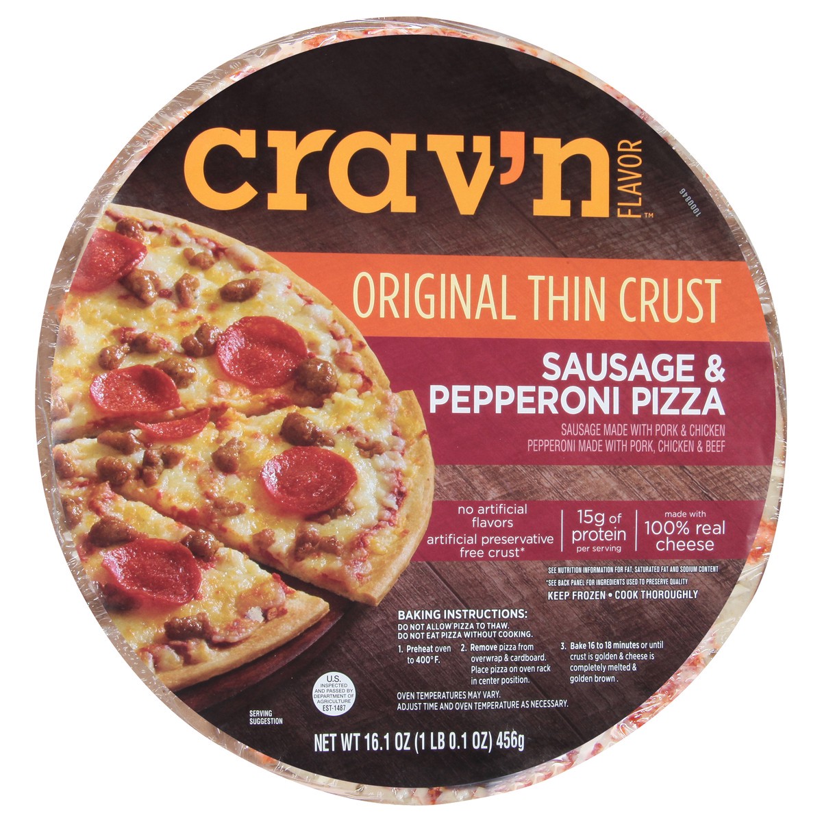 slide 4 of 9, Crav'N Flavor Pizza, Sausage & Pepperoni, Original Thin Crust 16.1 Oz, 16.1 oz