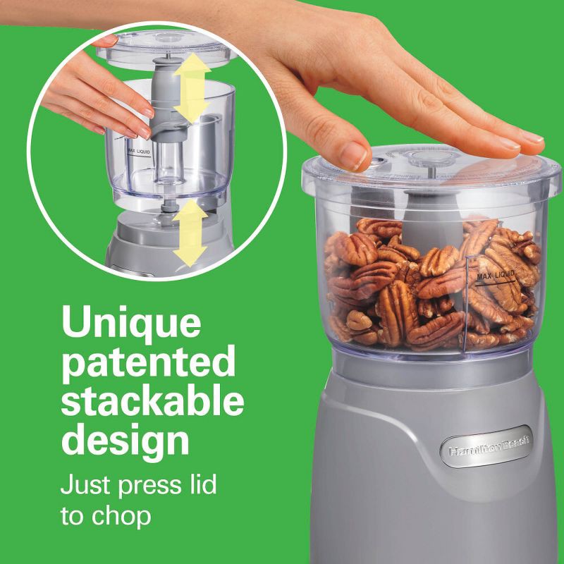 slide 9 of 9, Hamilton Beach 3-Cup Stack & Press Food Chopper - Gray - 72740: Compact Vegetable Processor, Dishwasher-Safe Parts, 1 ct