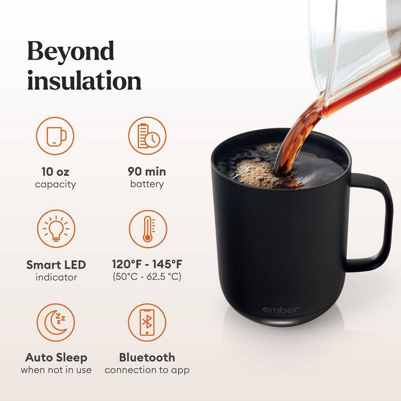slide 5 of 10, Ember Mug 2 10oz Temperature Control Smart Mug Black: Keeps Coffee Hot, Hand Wash, Includes Coaster, Hot Beverages, 10 oz