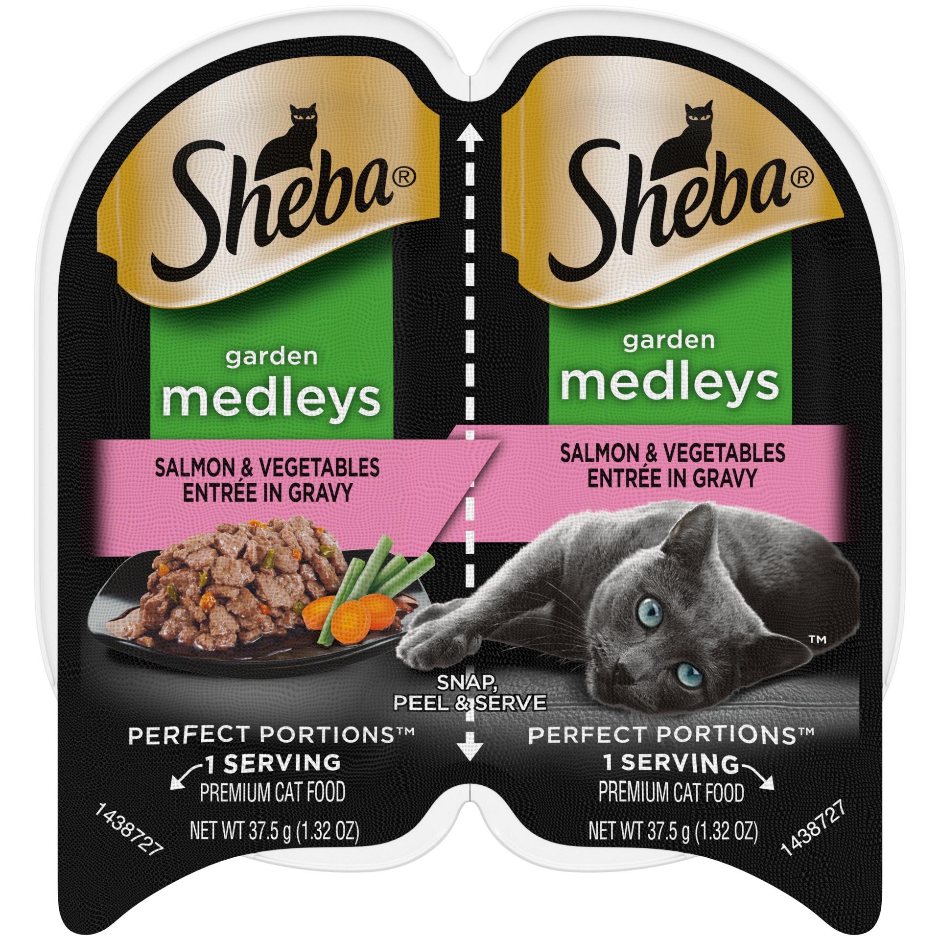 slide 1 of 1, SHEBA Wet Cat Food Garden Medleys Salmon & Vegetables Entree in Gravy, (24) PERFECT PORTIONS Twin-Pack Trays, 2.64 oz