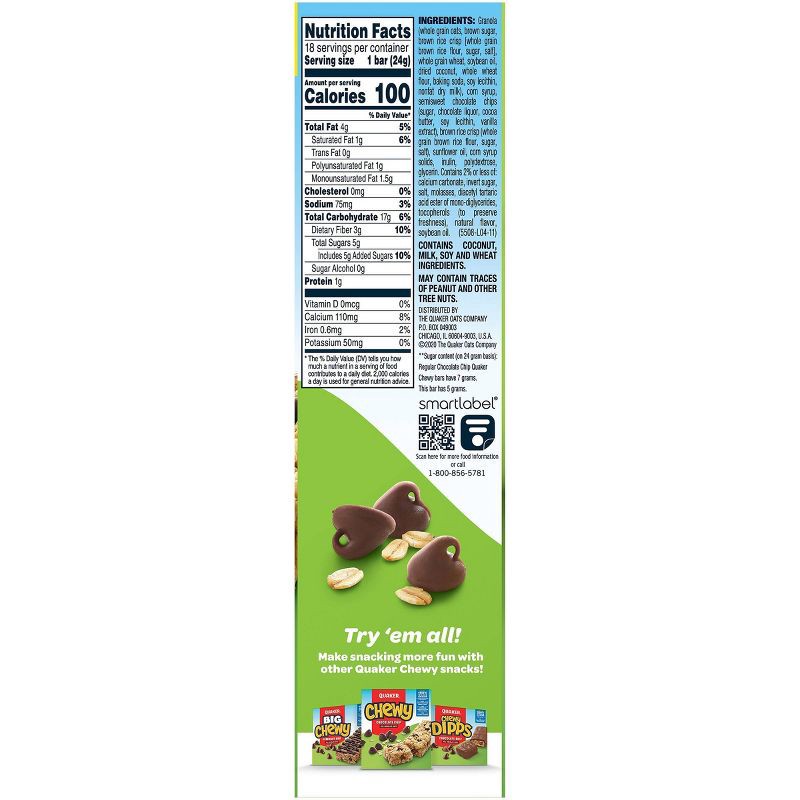 slide 2 of 5, Quaker Chewy Reduced Sugar Chocolate Chip Granola Bars - 15.2oz/18ct, 15.2 oz, 18 ct