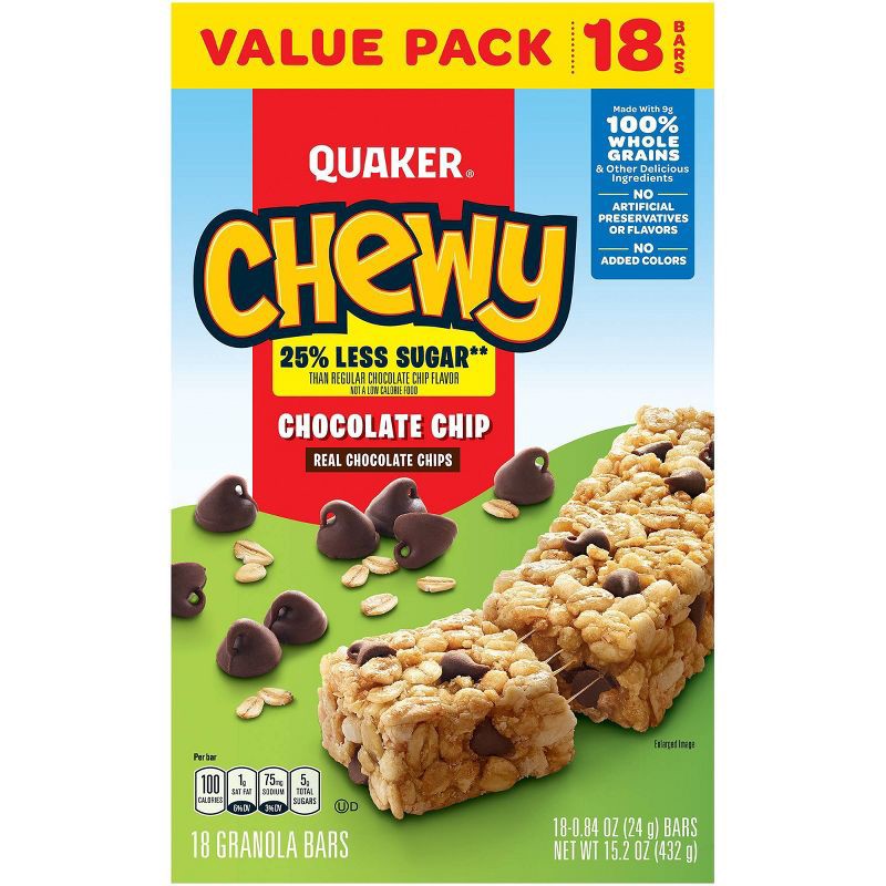 slide 3 of 5, Quaker Chewy Reduced Sugar Chocolate Chip Granola Bars - 15.2oz/18ct, 15.2 oz, 18 ct