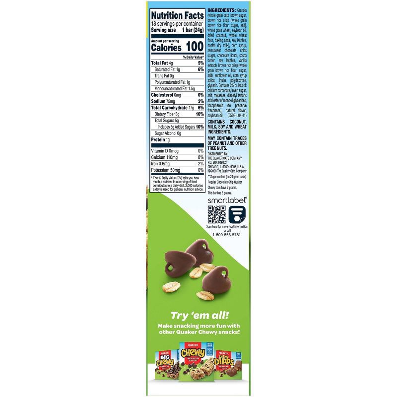 slide 4 of 4, Quaker Chewy Reduced Sugar Chocolate Chip Granola Bars - 15.2oz/18ct, 15.2 oz, 18 ct