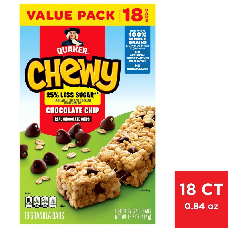 slide 5 of 5, Quaker Chewy Reduced Sugar Chocolate Chip Granola Bars - 15.2oz/18ct, 15.2 oz, 18 ct