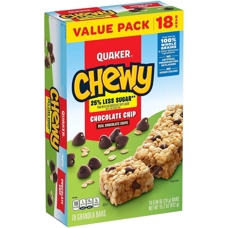 slide 1 of 4, Quaker Chewy Reduced Sugar Chocolate Chip Granola Bars - 15.2oz/18ct, 15.2 oz, 18 ct