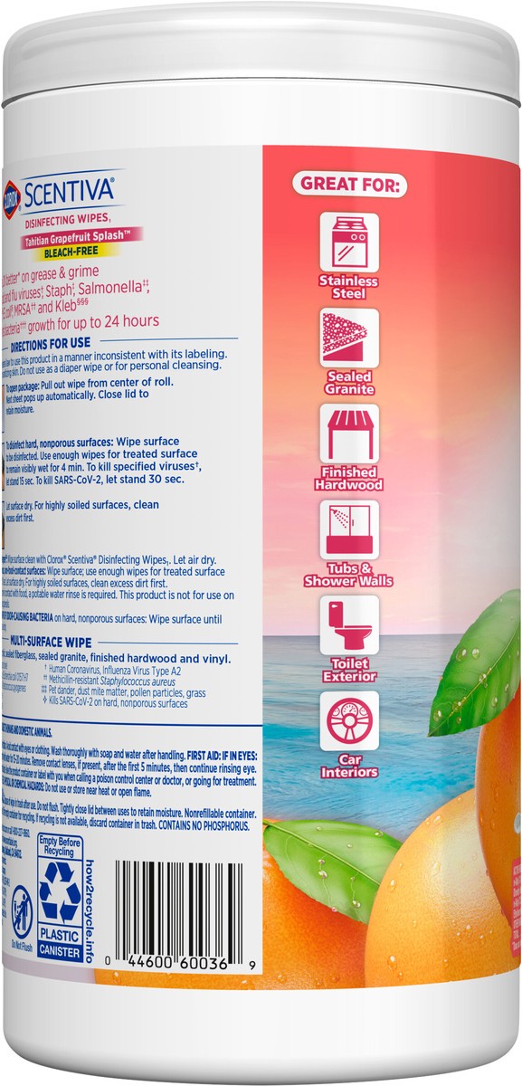slide 5 of 7, Clorox Scentiva Wipes, Bleach Free Cleaning Wipes, Grapefruit & Orange Blossom, 75 ct