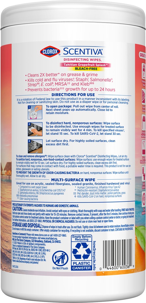 slide 6 of 7, Clorox Scentiva Wipes, Bleach Free Cleaning Wipes, Grapefruit & Orange Blossom, 75 ct