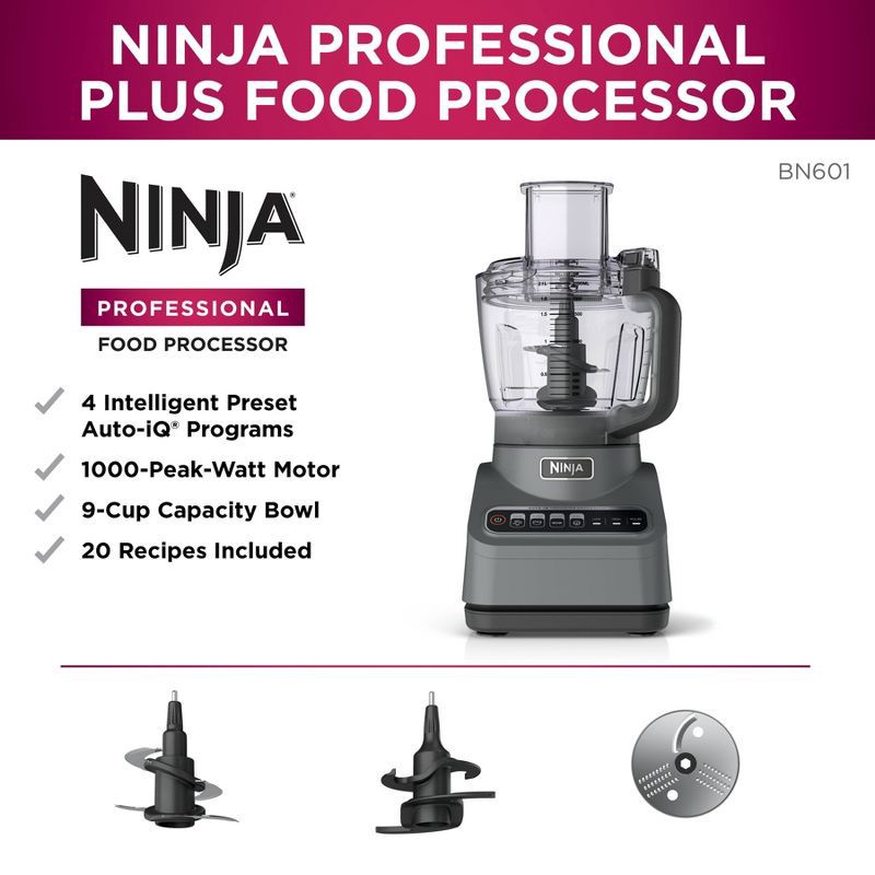 slide 4 of 12, Ninja Professional 850W 9-Cup Food Processor - BN601: Stainless Steel, 3 Speeds, Mix, Chop, Slice, Shred, Puree, Dishwasher Safe, 1 ct