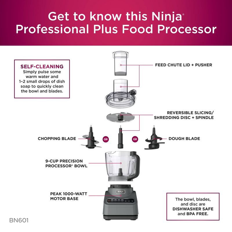slide 6 of 12, Ninja Professional 850W 9-Cup Food Processor - BN601: Stainless Steel, 3 Speeds, Mix, Chop, Slice, Shred, Puree, Dishwasher Safe, 1 ct