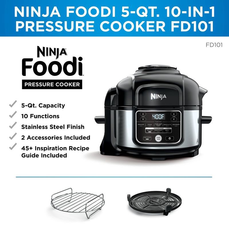 slide 2 of 10, Ninja Foodi Programmable 10-in-1 5qt Pressure Cooker and Air Fryer - FD101: Stainless Steel, Slow Cooker, Digital Timer, 5 qt