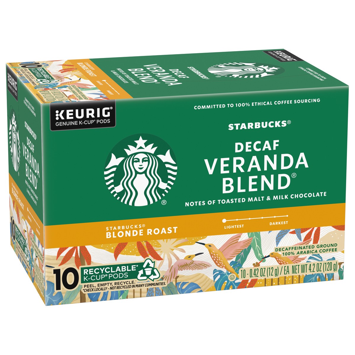 slide 8 of 8, Starbucks K-Cup Pods Decaffeinated Blonde Roast Ground 100% Arabica Decaf Veranda Blend Coffee 10 - 0.42 oz Pods, 10 ct