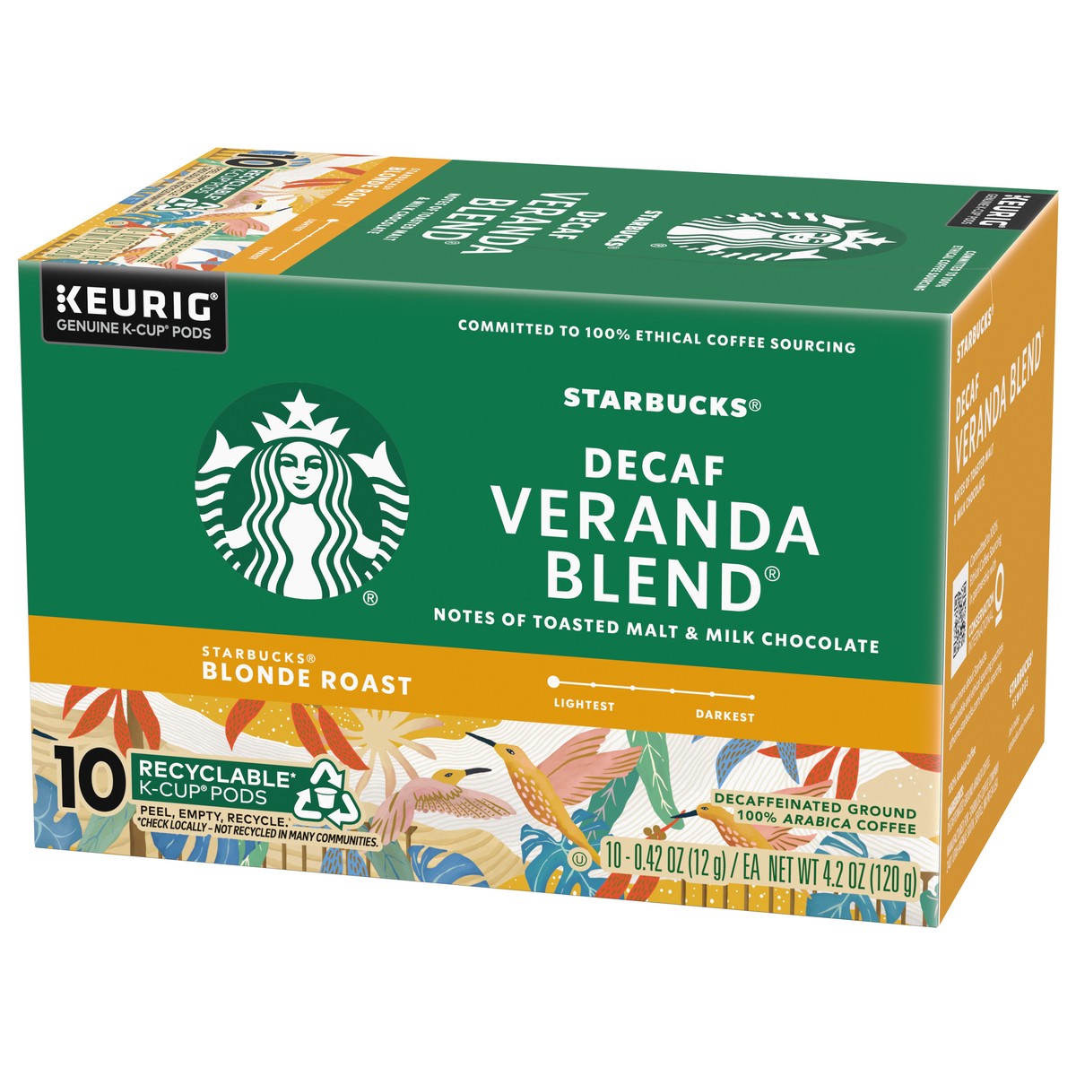 slide 4 of 8, Starbucks K-Cup Pods Decaffeinated Blonde Roast Ground 100% Arabica Decaf Veranda Blend Coffee 10 - 0.42 oz Pods, 10 ct