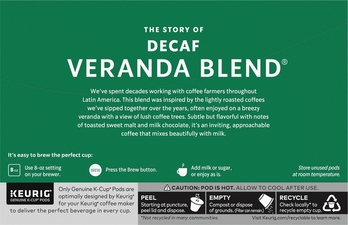 slide 7 of 8, Starbucks K-Cup Pods Decaffeinated Blonde Roast Ground 100% Arabica Decaf Veranda Blend Coffee 10 - 0.42 oz Pods, 10 ct