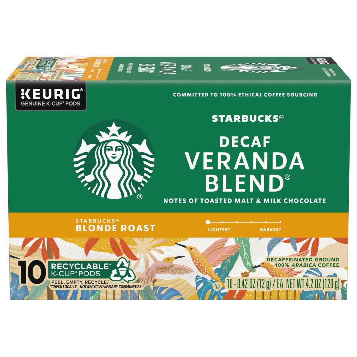 slide 1 of 8, Starbucks K-Cup Pods Decaffeinated Blonde Roast Ground 100% Arabica Decaf Veranda Blend Coffee 10 - 0.42 oz Pods, 10 ct