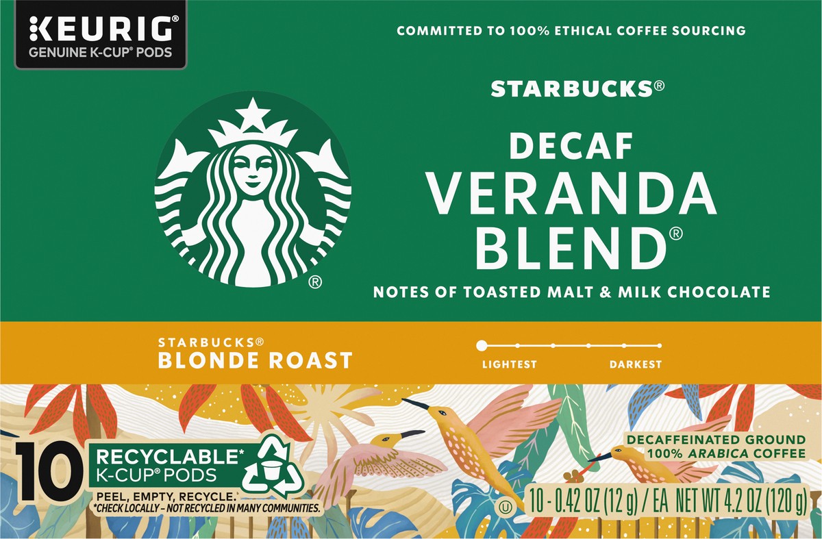 slide 6 of 8, Starbucks K-Cup Pods Decaffeinated Blonde Roast Ground 100% Arabica Decaf Veranda Blend Coffee 10 - 0.42 oz Pods, 10 ct