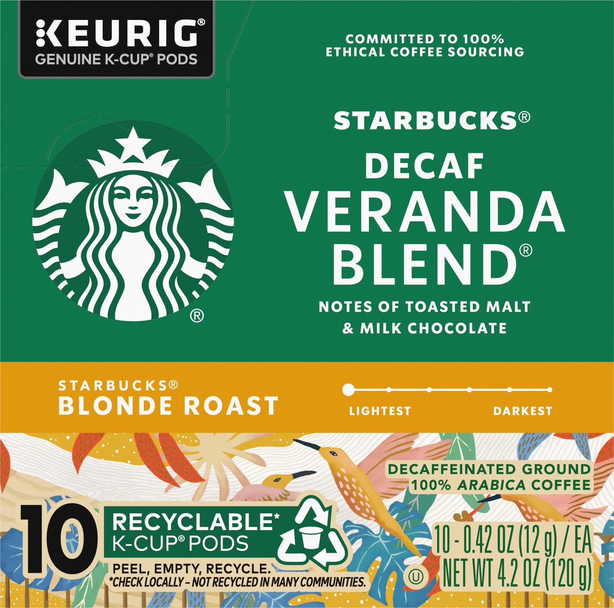 slide 3 of 8, Starbucks K-Cup Pods Decaffeinated Blonde Roast Ground 100% Arabica Decaf Veranda Blend Coffee 10 - 0.42 oz Pods, 10 ct