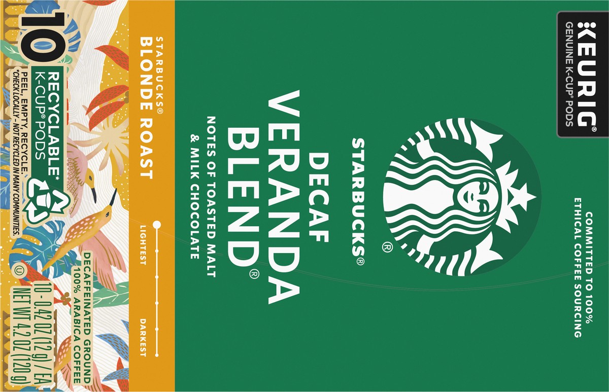 slide 2 of 8, Starbucks K-Cup Pods Decaffeinated Blonde Roast Ground 100% Arabica Decaf Veranda Blend Coffee 10 - 0.42 oz Pods, 10 ct
