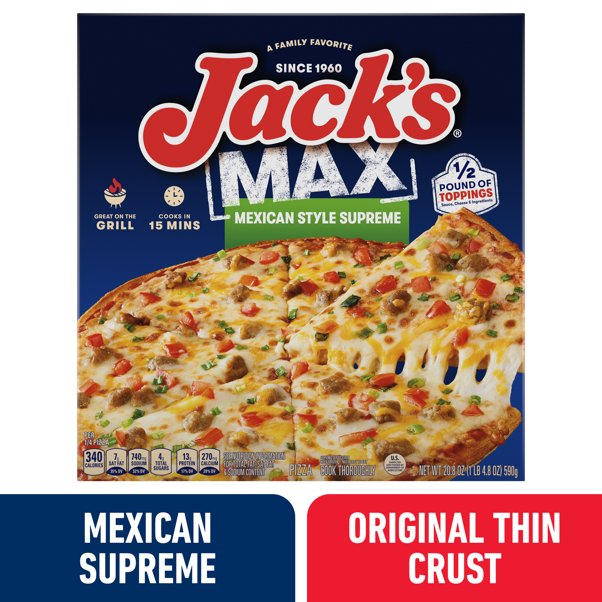 slide 1 of 22, Jack's Max Thin Crust Mexican Style Supreme Frozen Pizza, 20.8 oz, 20.8 oz