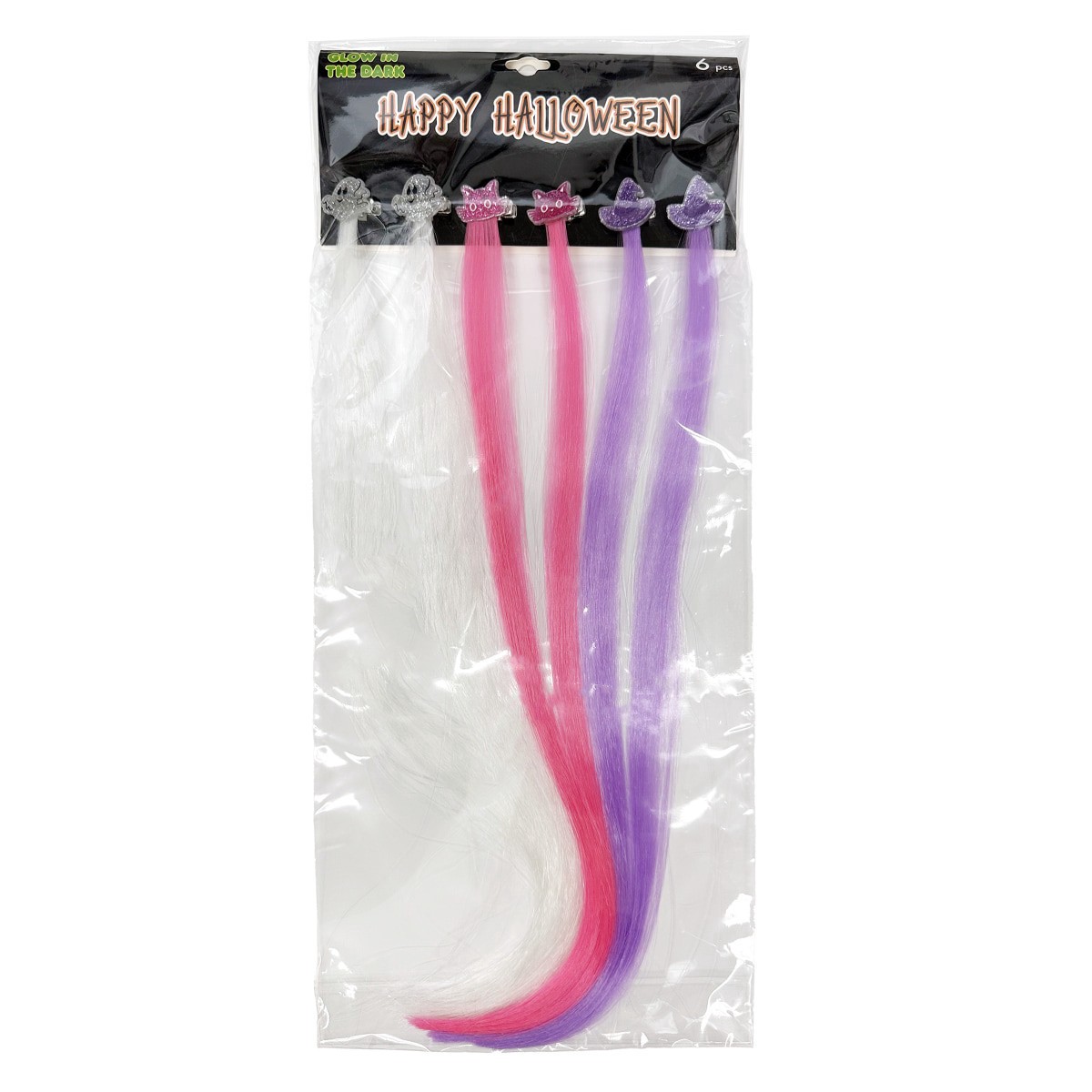 slide 1 of 5, Halloween Glow in the Dark Faux Hair Clips - Pink/Purple/White, 6 count, 6 ct