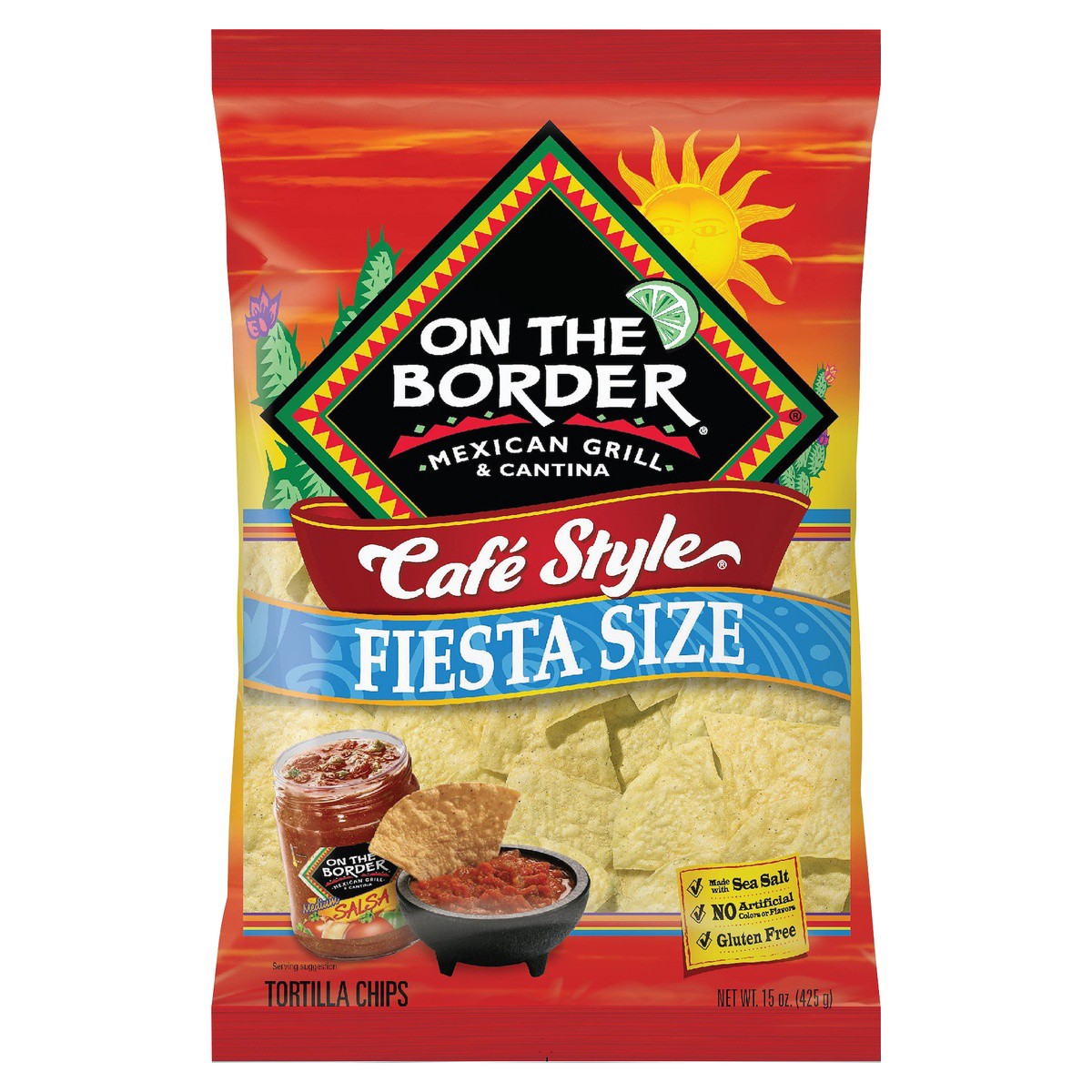 slide 1 of 7, On The Border Cafe Style Tortilla Chips Fiesta Size, 15 oz