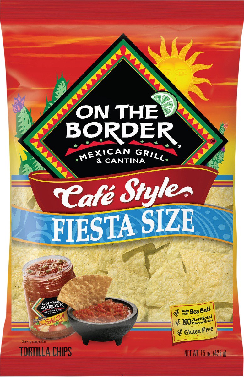 slide 3 of 7, On The Border Cafe Style Tortilla Chips Fiesta Size, 15 oz