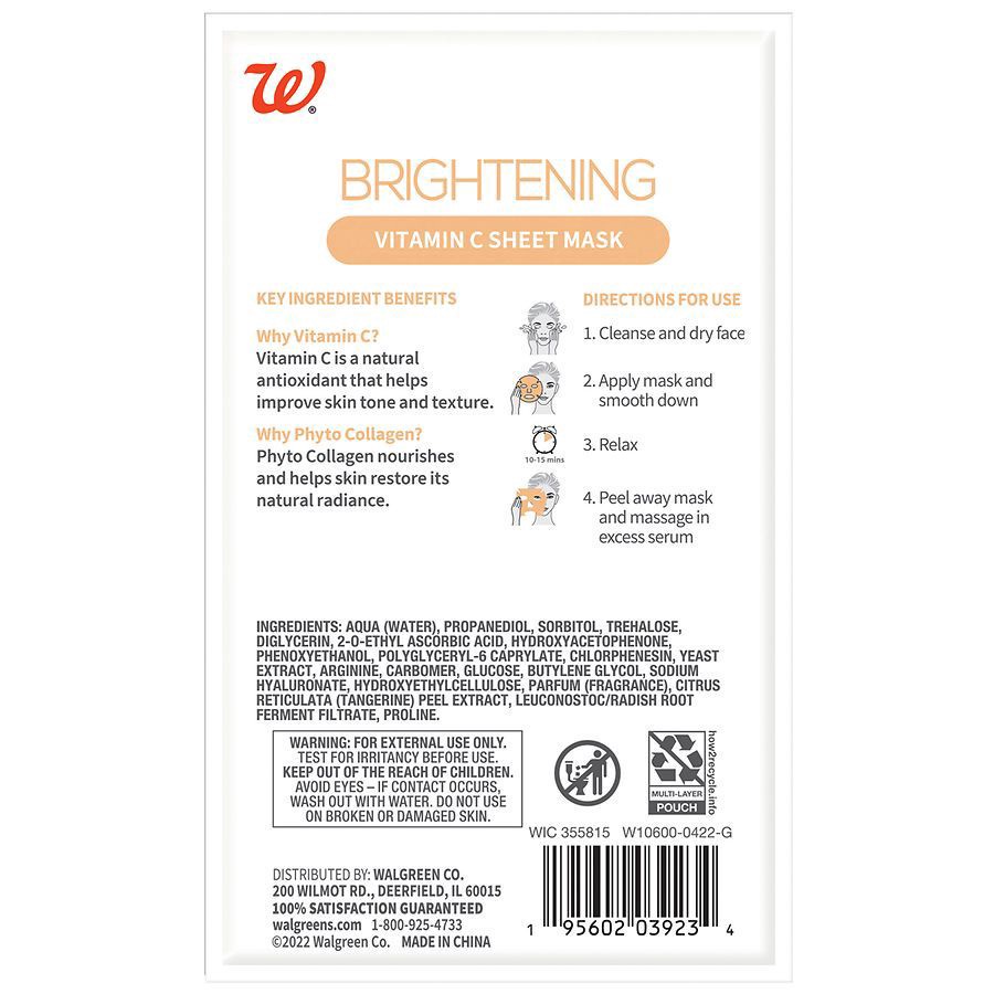 slide 2 of 2, Walgreens Brightening Sheet Mask, Vitamin C, 1 ct