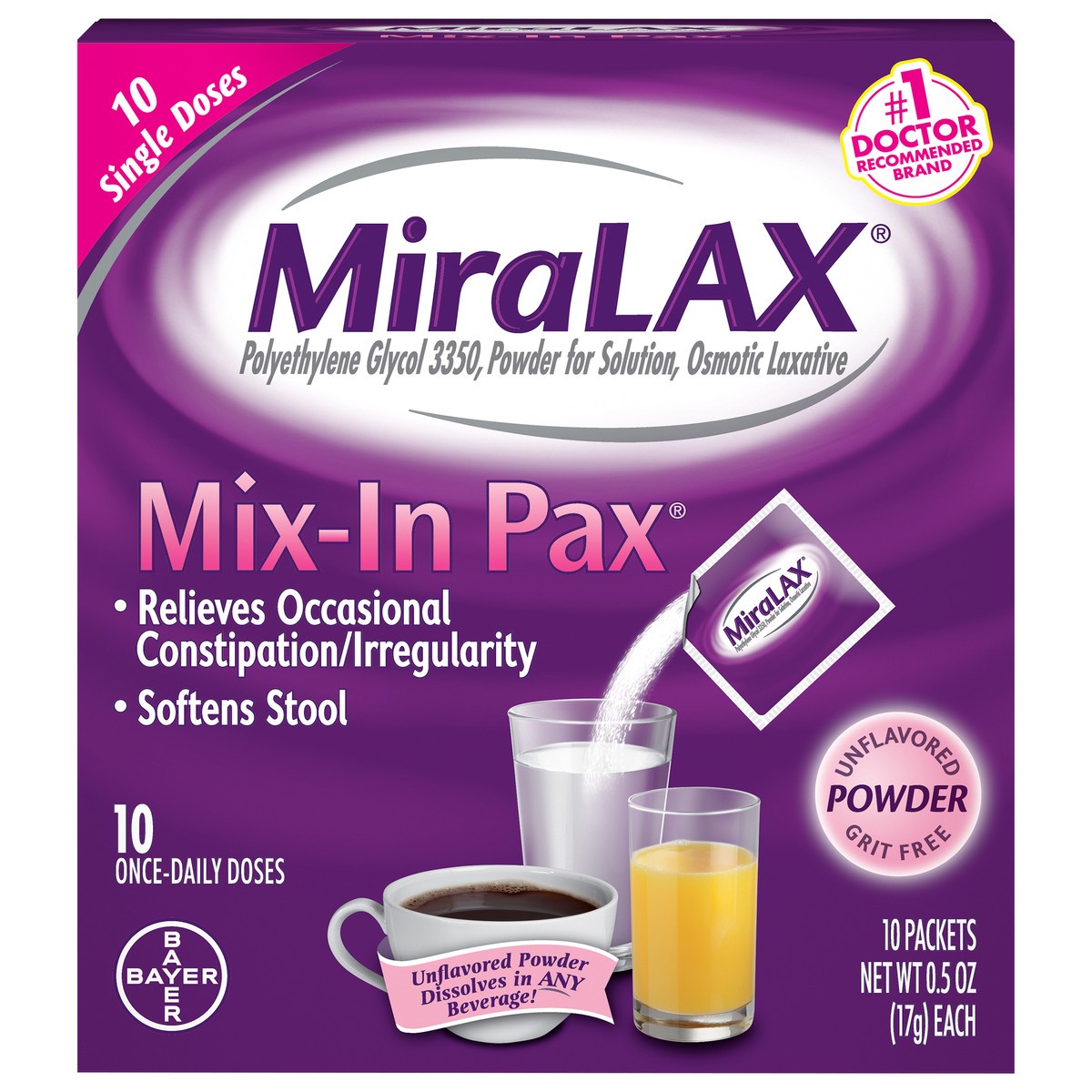slide 1 of 4, Miralax Powder Unflavored Osmotic Laxative 10 ea, 10 ct