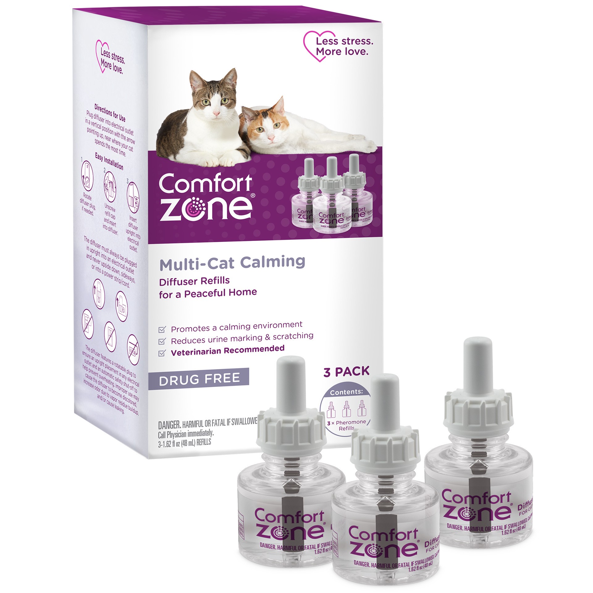 slide 1 of 7, Comfort Zone Multicat Calming Diffuser Refill, 48 ml-3 pack, 90 Day Use, 3.24 fl oz