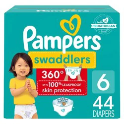 Pampers Diapers - Swaddlers 360° - Size 6, 44 Count, up to 100% Leakproof Comfy Dry Fit, EZ Off Tabs Designed for Easy Changes, Pull On Diaper