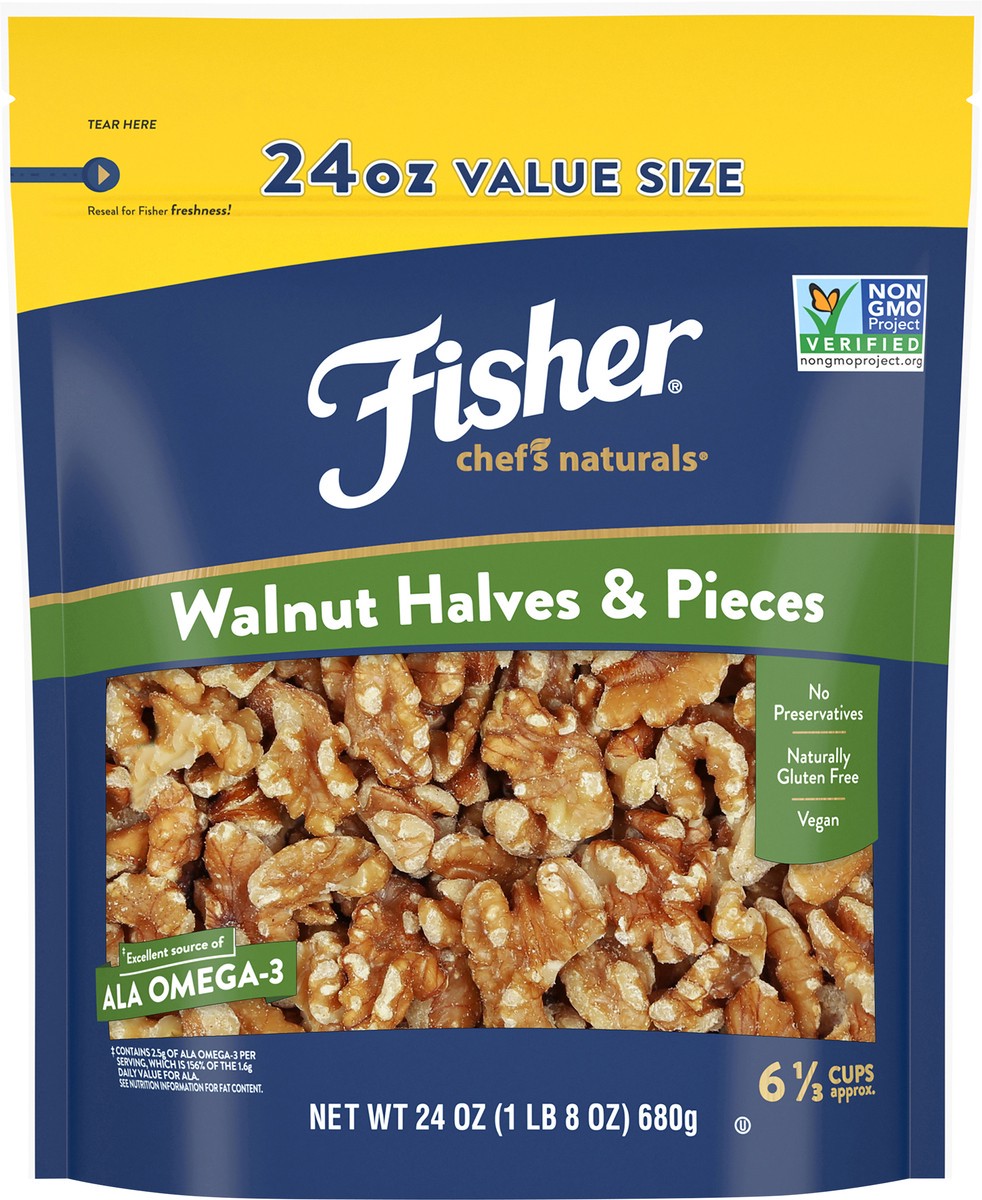 slide 1 of 9, Fisher Chef's Naturals Walnut Halves & Pieces 24 oz. Bag, 24 oz