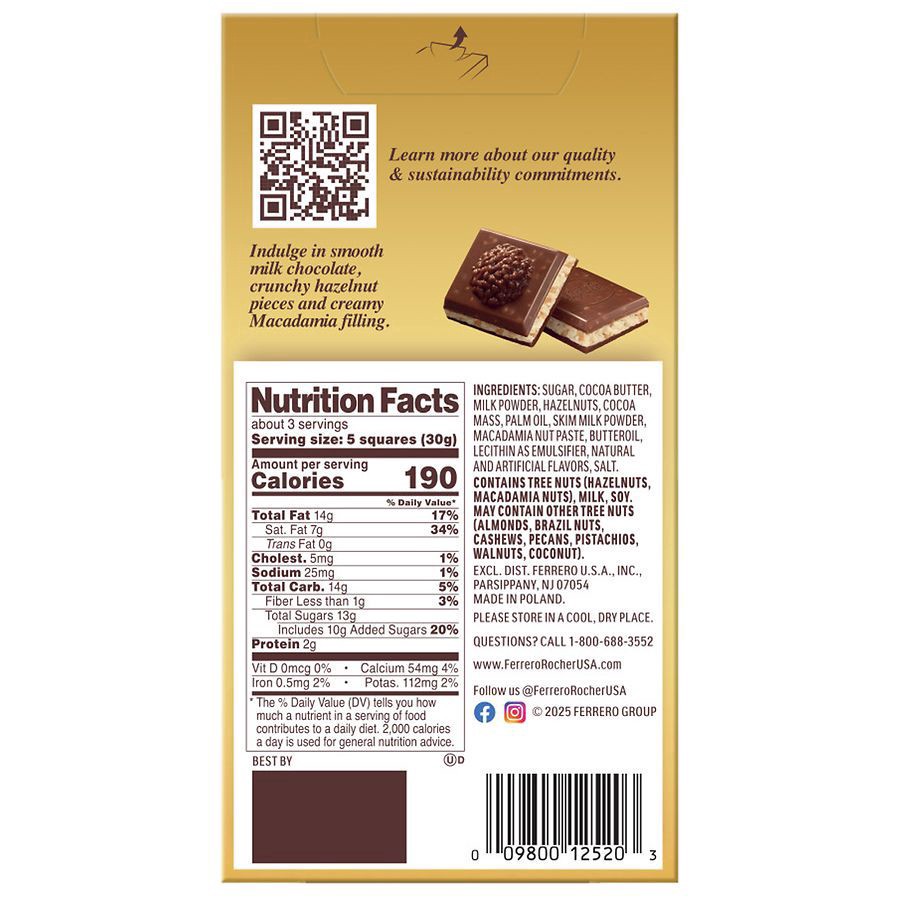 slide 3 of 4, Ferrero Rocher Milk Chocolate Bar with Hazelnut & Macadamia Filling, 3.1 oz