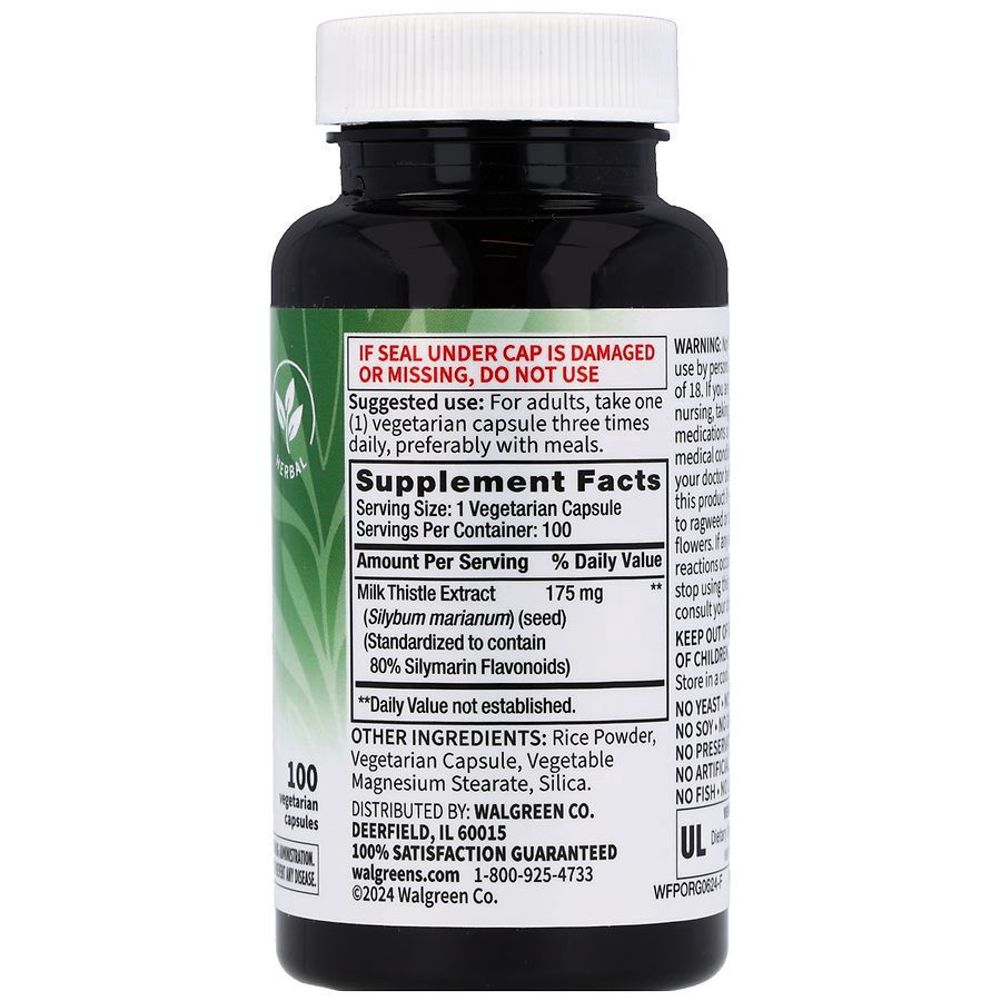 slide 3 of 5, Walgreens Free & Pure Milk Thistle 175 mg Vegetarian Capsules, 100 ct