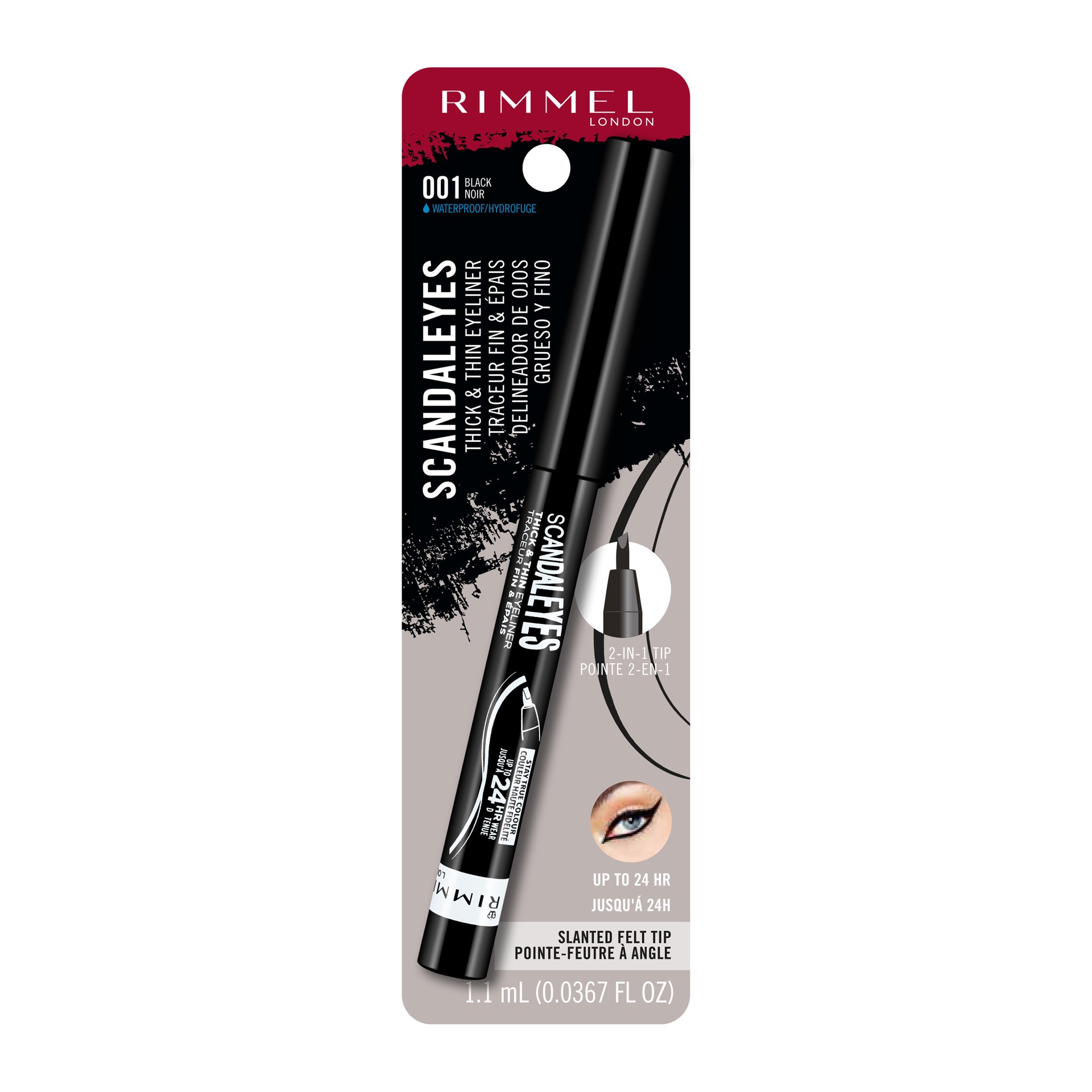 slide 1 of 2, COTY RIMMEL LONDON Rimmel London Scandaleyes Thick & Thin Eyeliner, Waterproof, Intensely Pigmented, Long-Wearing, 002, Black, 0.04oz, 0.04 fl oz