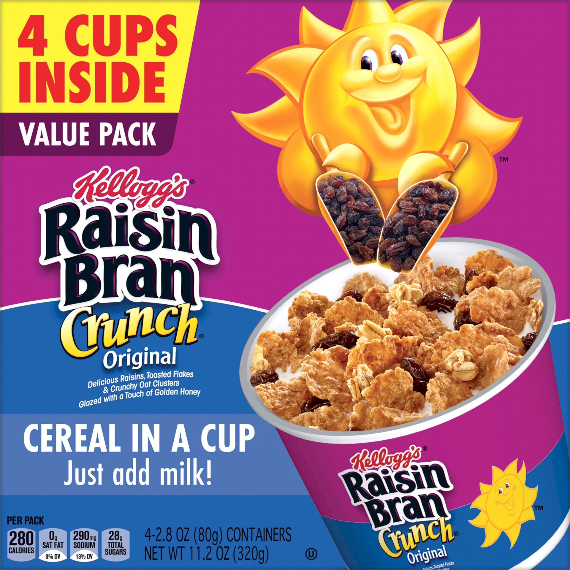 slide 4 of 5, Raisin Bran Kellogg's Raisin Bran Crunch Breakfast Cereal Cups, Fiber Cereal, Made with Real Fruit, Value Size, Original, (4 Cups) - 11.2 oz, 11.2 oz