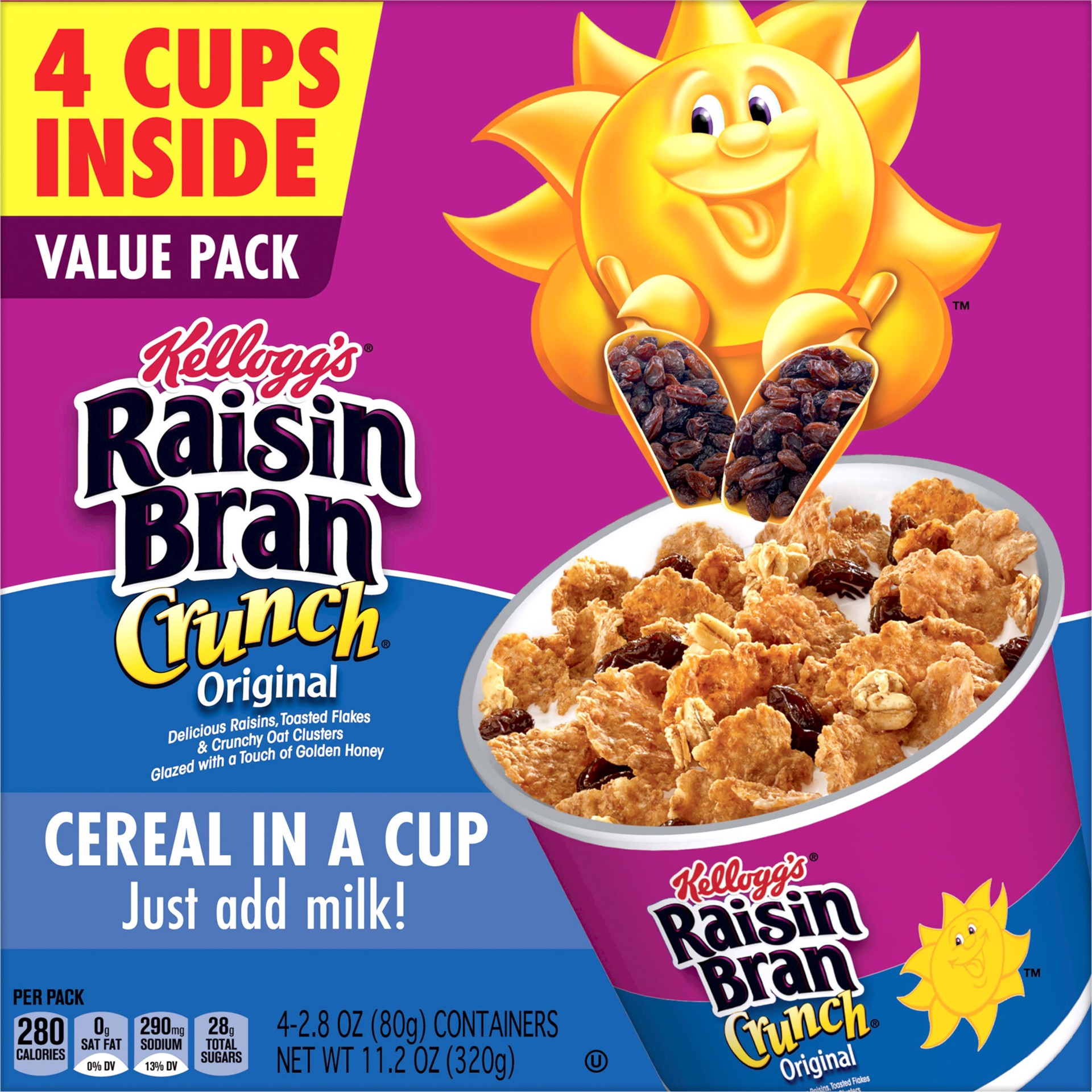 slide 5 of 5, Raisin Bran Kellogg's Raisin Bran Crunch Breakfast Cereal Cups, Fiber Cereal, Made with Real Fruit, Value Size, Original, (4 Cups) - 11.2 oz, 11.2 oz