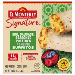 El Monterey Signature Egg, Sausage, Seasoned Potatoes & Cheese Breakfast Burritos 18 oz, 4 Count