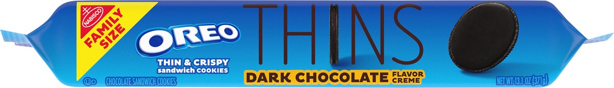 slide 6 of 9, OREO Thins Dark Chocolate Creme Sandwich Cookies, Family Size, 13.1 oz, 13.1 oz