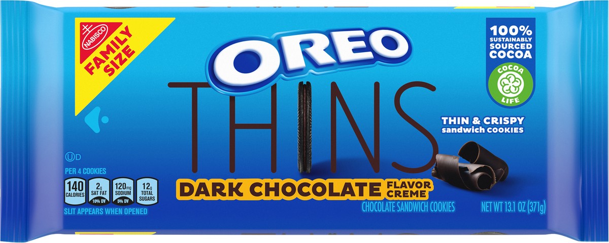 slide 8 of 9, OREO Thins Dark Chocolate Creme Sandwich Cookies, Family Size, 13.1 oz, 13.1 oz