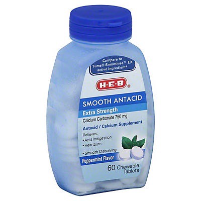 slide 1 of 1, H-E-B Extra Strength Smooth Antacid Peppermint Flavor Chewable 750 mg Tablets, 60 ct