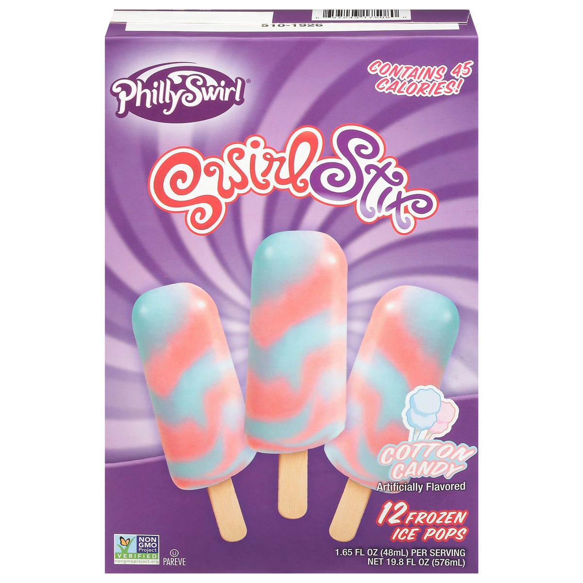 slide 1 of 9, PhillySwirl SwirlStix Cotton Candy Frozen Ice Pops 12 - 1.65 fl oz Packs, 12 ct