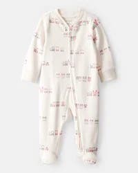 Carter's Baby Girl Train Print 100% Cotton Long-Sleeve Snug Fit Sleep & Play Pajamas - Cream Cream NB
