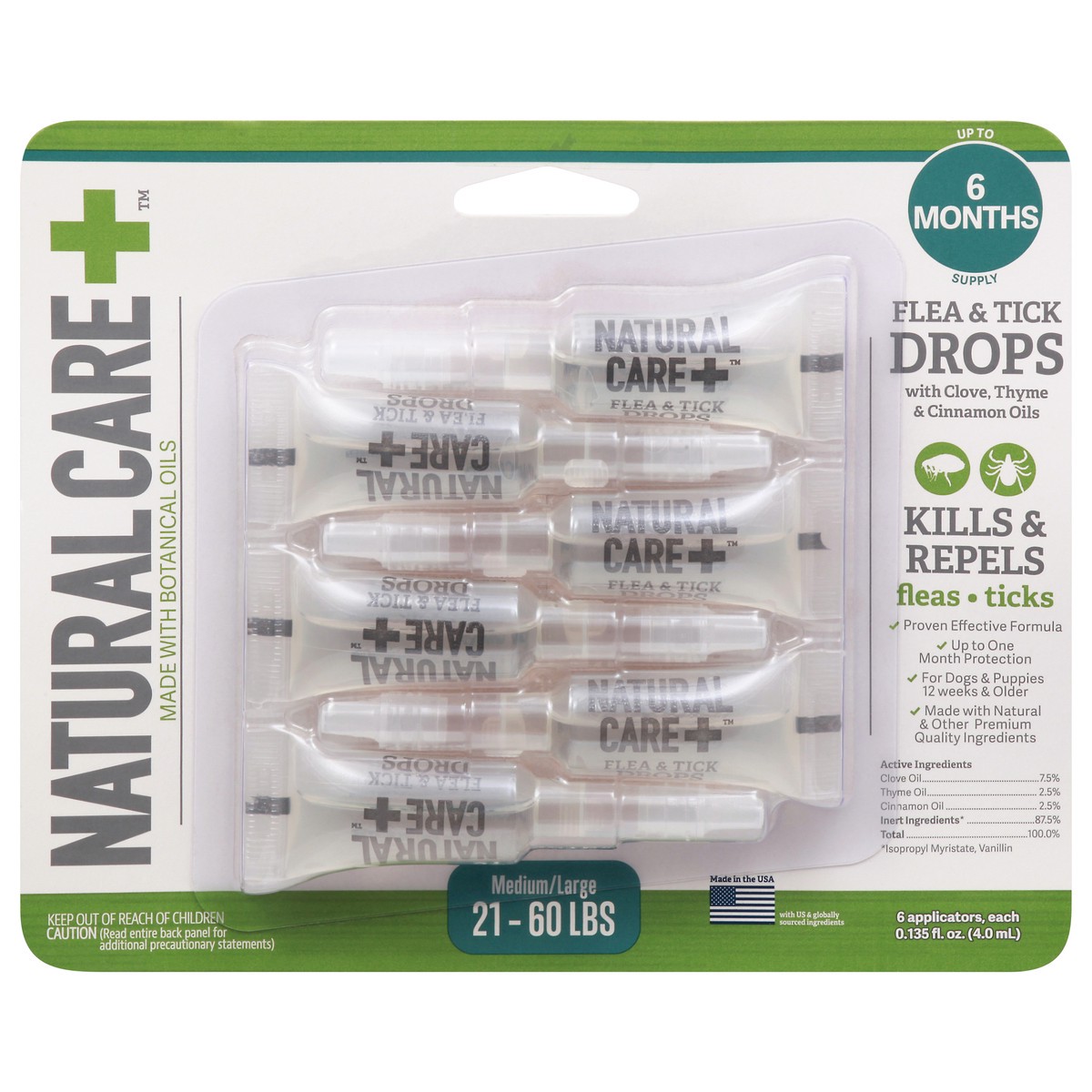 slide 1 of 11, Natural Care + Medium/Large (21-60 lbs) Flea & Tick Drops 6 ea, 6 ct