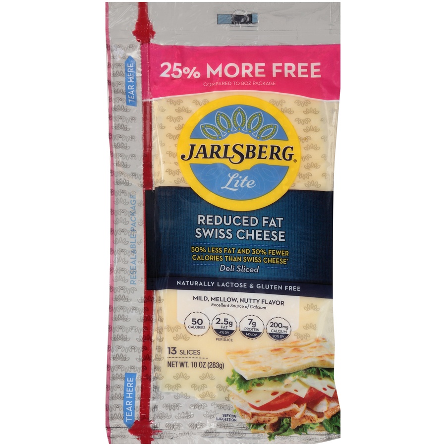 slide 1 of 6, Jarlsberg Lite Reduced Fat Swiss Cheese Slices, 10 oz